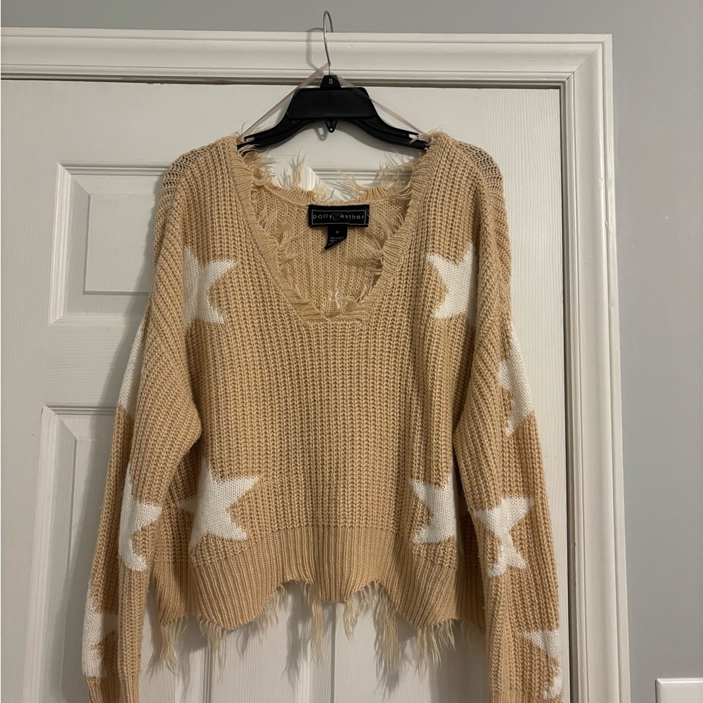 Star Pattern Distressed Cropped Knit Sweater - Cream